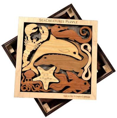 Sea Creatures 木制脑筋预告拼图 - 美国制造的独特设计 - 硬木 SeaC — 第 1/4 张图片
