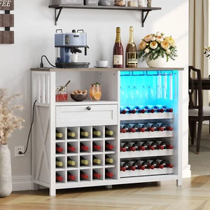 Wine Bar Cabinet with Power Outlets & Led Light Coffee Cabinet Sideboard Buffet - Picture 1 of 8