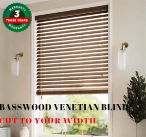 New 50mm Basswood Timber Venetian Blinds 90cm wide X120cm drop- Walnut Colour - Picture 1 of 8