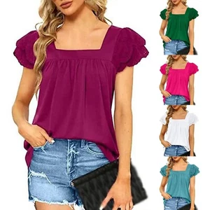 Lace Petal Sleeve Shirt Solid Colour Square-neck T-shirt Stretchy Casual T-shirt - Picture 1 of 18