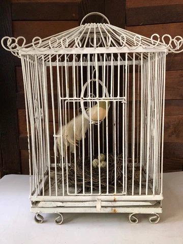 Vtg Birdcage White Metal Large Feather Bird Nest 22" Shabby Cottage House Cage Cover