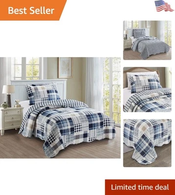 Elegante Juego de Edredón Doble a Cuadros y Rayas, Cobertor Lavable Reversible Foto 1 de 4