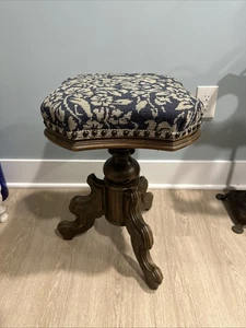 WONDERFUL VICTORIAN ADJUSTABLE PADDED PIANO STOOL...17" TO 23" Blue Floral - Picture 1 of 14