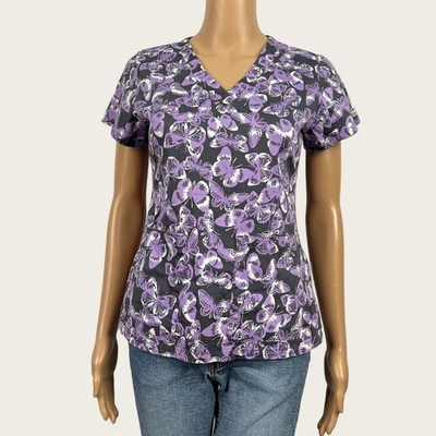 Med Couture Size XS Gray Purple Butterfly Print Dr Nurse Medical Scrub Shirt Top — 第 1/4 张图片