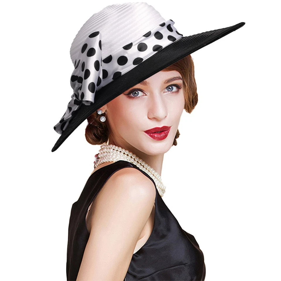 Wide Brim Church Hat For Women Wedding Tea Party Hats Dots Bowknot Fedora Cap - Image 1 of 4