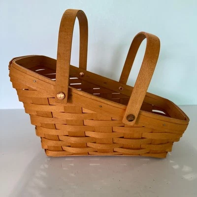 Vintage Handmade Longaberger Slanted Oblong Basket Folding Handles Signed 1999 - Image 1 of 4