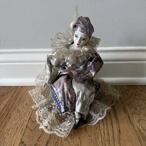 Vintage Harlequin Jester Clown Doll Sitting on Starred Pillow Music Box - Picture 1 of 12