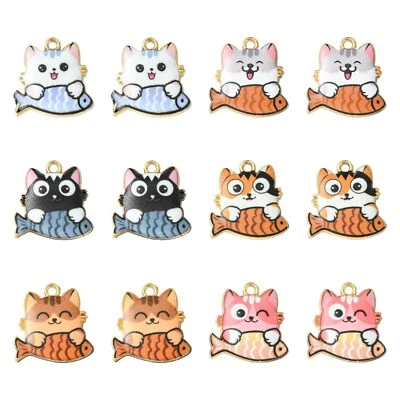 30Pcs Cute Cat with Fish Alloy Enamel Charms Pendants Cute Animal Ornaments Foto 1 de 4