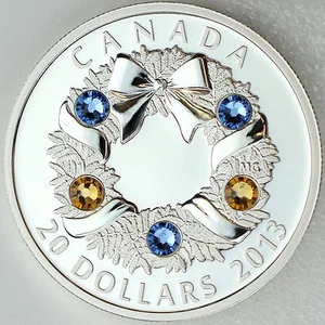 Canada 2013 Holiday Wreath 1 oz Pure Silver $20 Proof Coin, 5 Swarovski Crystals - Picture 1 of 12