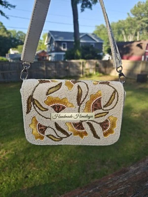 Yellow Floral Ivory Beaded Clutch Shoulder Bag Purse - Image 1 of 4