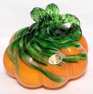 Stunning Artisan Hand Blown Glass Pumpkin w/ Long Curly Stem - 5” x 4” - Picture 1 of 6