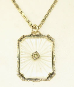 ANTIQUE ART DECO STERLING SILVER CAMPHOR GLASS PENDANT 17" FANCY SNAIL NECKLACE - Picture 1 of 7