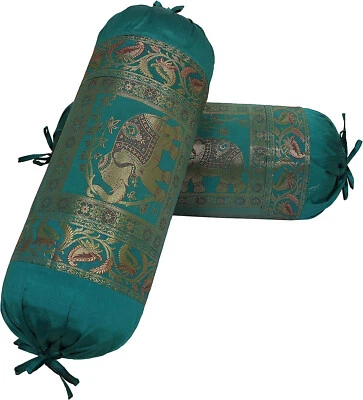 Indian Long Round Pillow Yoga Bolster Massage Green Cylinder Silk Cushion Cover - Image 1 of 4