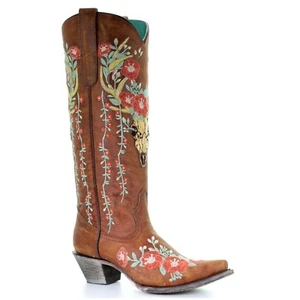 Corral Ladies Tan Deer Skull Overlay & Floral Embroidery Boots A3620 - Picture 1 of 6