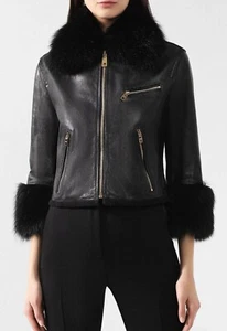 DOLCE & GABBANA Jacket Black Leather Racoon Fur Coat Blazer Leopard 42IT UK10 M - Picture 1 of 8