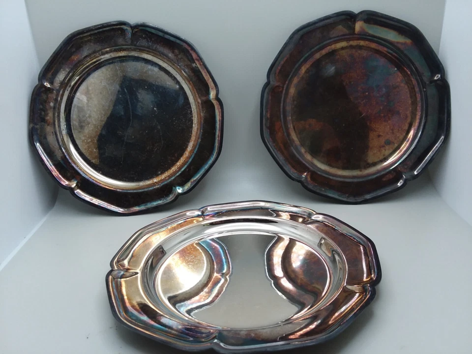 Lote de 3 platos de colección 6" plateados borde festoneado 988 pátina pesada WM Rogers Foto 1 de 4