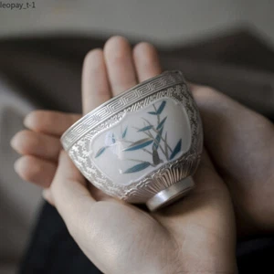 999 Sterling Silver Gilded Teacup Handamde Bamboo Cup Chinese Tea Set Ornaments - Picture 1 of 4