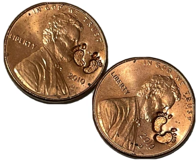 2010 Newborn Baby Feet Counterstamp Imprint Lincoln Cent Infant Lucky Charm Coin - Image 1 of 4