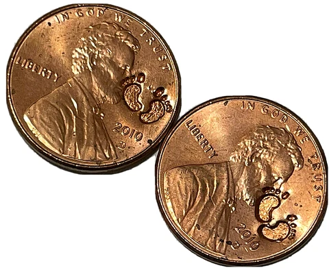 2010 Newborn Baby Feet Counterstamp Imprint Lincoln Cent Infant Lucky Charm Coin Cover