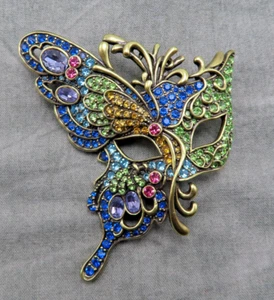 Vintage Brooch Rhinestone Massive Pin Blue Green Crystal 3 in OOAK Face Mask 51f - Picture 1 of 9