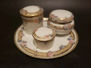 Vtg Nippon 4 Piece VANITY SET Lidded Trinket Boxes Dish Gold Hand Painted - Picture 1 of 19