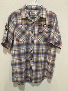 Raw Blue Mens Shirt Size L Y2K Affiliation Style Plaid Patches - Picture 1 of 6