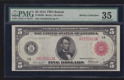 US 1914 $5 FRN Boston District Red Seal FR 832b PMG 35 Ch VF (412) - Image 1 of 2