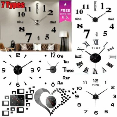 7 Types 3D Mirror Surface Large Wall Clock DIY Sticker Office HomeShop Art Decor - Image 1 of 4