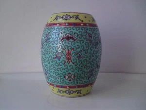 Zhongguo Jingdezhen Famille Rose Turquoise-Ground Garden Stool Jar Tea Caddy - Picture 1 of 9