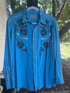 VTG 50s H Bar C California Ranchwear turquoise floral embroidered western shirt - Picture 1 of 15