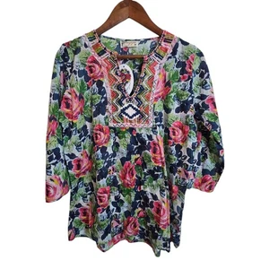 Blusa Top Magazine Estampado Floral Bordada Cuello en V Manga 3/4 Talla M - Imagen 1 de 13