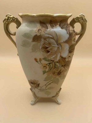 Antique Nippon Footed Floral Vase with Double Handles Scalloped Neck - Image 1 of 4