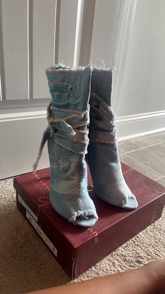 Bota Feminina Liliana Denim Azul Desgastada Peep Toe Stiletto Tornozelo Zíper Tamanho 7.5 - Imagem 1 de 3