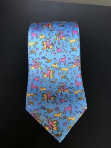 Vintage ARNY'S Paris 100% Silk Neck Tie Blue  Hunting Party Playful Colorful - Picture 1 of 5