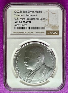 (2025) Theodore Roosevelt Presidential Series Silver Medal NGC MS69 Matte - Picture 1 of 2