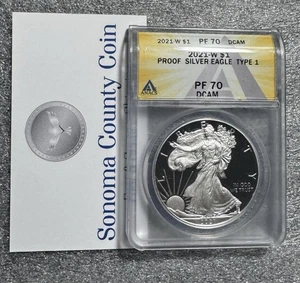 2021 W $1 PR70 PROOF SILVER AMERICAN EAGLE ANACS TYPE 1 - Picture 1 of 3