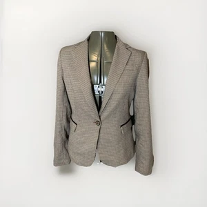 British Khaki Size M Women Blazer Houndstooth Equestrian Jacket Elbow Patch - Picture 1 of 8