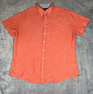 Camisa de vestir Tommy Hilfiger manga corta para hombre XXL naranja bolsillo logotipo mezcla de lino Foto 1 de 4