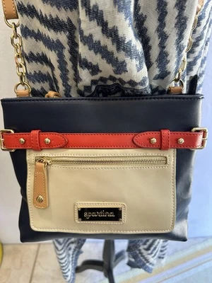 Spartina 449 Crossbody Bag Red Cream and Blue Leather Belted Zip Top - Image 1 of 4