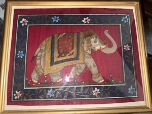 Vintage Indien handgemalt auf Seide Elefant, gerahmt 13" x 10" Bild 15" x 12 Rahmen - Bild 1 von 4