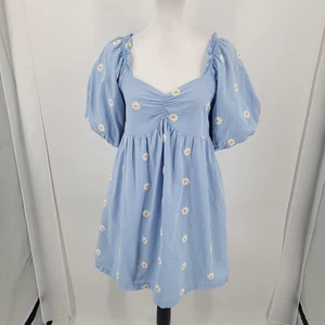 &Merci Dress Womens Large Blue Puff Sleeve Daisy Floral Embroidered Mini Summer - Picture 1 of 17