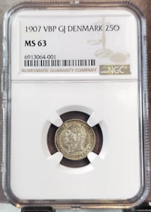 1907 DENMARK SILVER 25 ORE FREDERIK VIII NGC MS 63 SCARCE MINT STATE BEAUTY - Picture 1 of 3