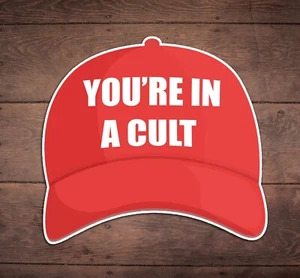 You're In A Cult Red Hat Die Cut Sticker, Funny, Liberal, FDT, Anti Trump - Bild 1 von 2