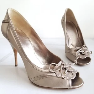 Givenchy Peep Toe Pumps Platinum Gold Satin Leather Trim Bow Heels Womens 10 40 - Picture 1 of 12