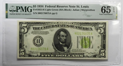 1934 $5 Federal Reserve  Note H02176675A Fr#1955-H LGS PMG 65 EPQ - Image 1 of 2