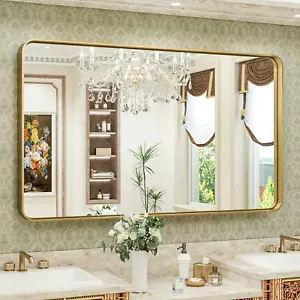 Gold Bathroom Mirror for Wall 48 X 30 Inch Metal Rounded Corner Rectangle Mirror - Picture 1 of 10