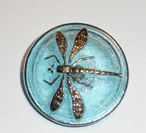 Pretty Medium Sky Blue Dragonfly Czech Glass Shank Button  31mm Gold Dragonfly - Picture 1 of 7
