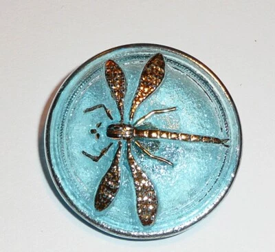 Pretty Medium Sky Blue Dragonfly Czech Glass Shank Button  31mm Gold Dragonfly - Image 1 of 4
