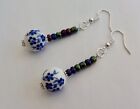 Ceramic Blue Flower Bead And Purple/blue Seed Bead Earrings