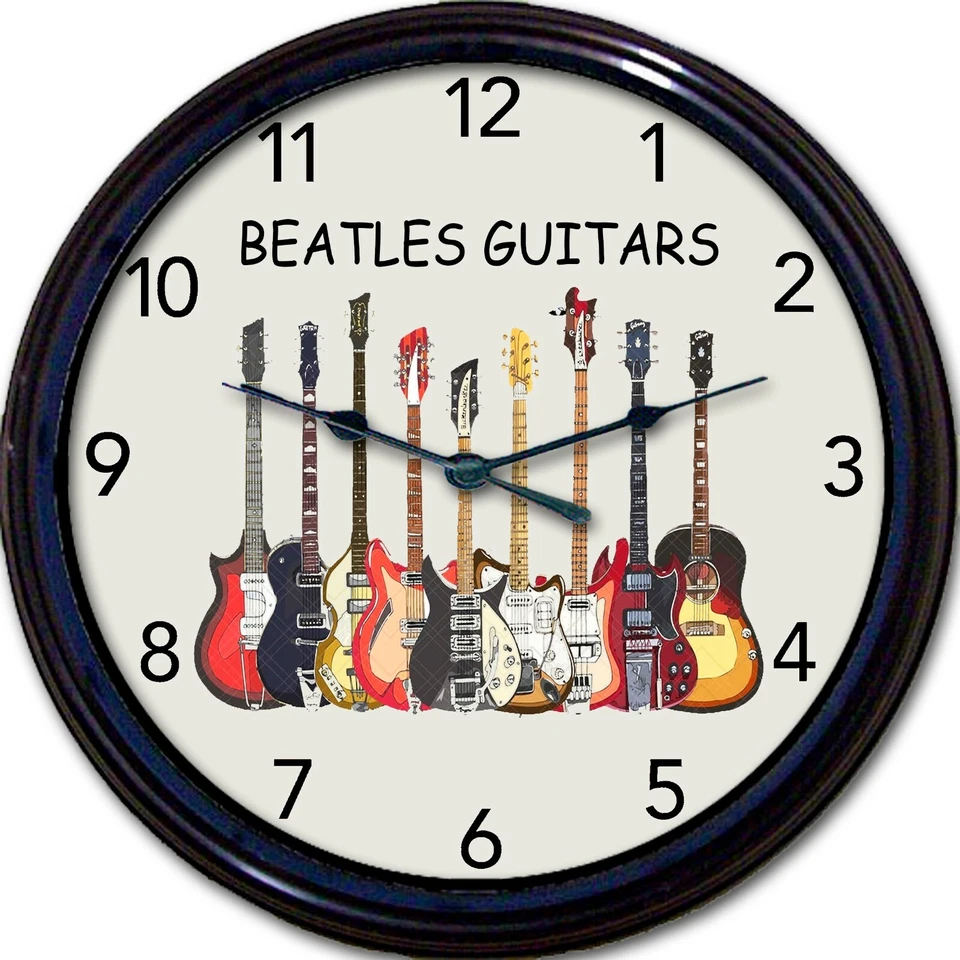 FUN AROUND THE CLOCK Beatles Guitars Wall Clock Lennon Ringo Harrison McCartney New 10"